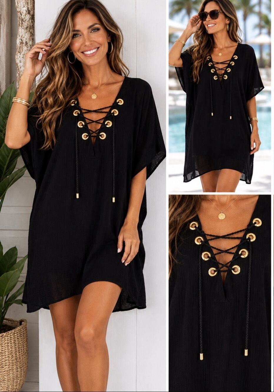 La Blanca Resortwear Black Gold Grommet Swim Cover Up Dress Women’s Medium